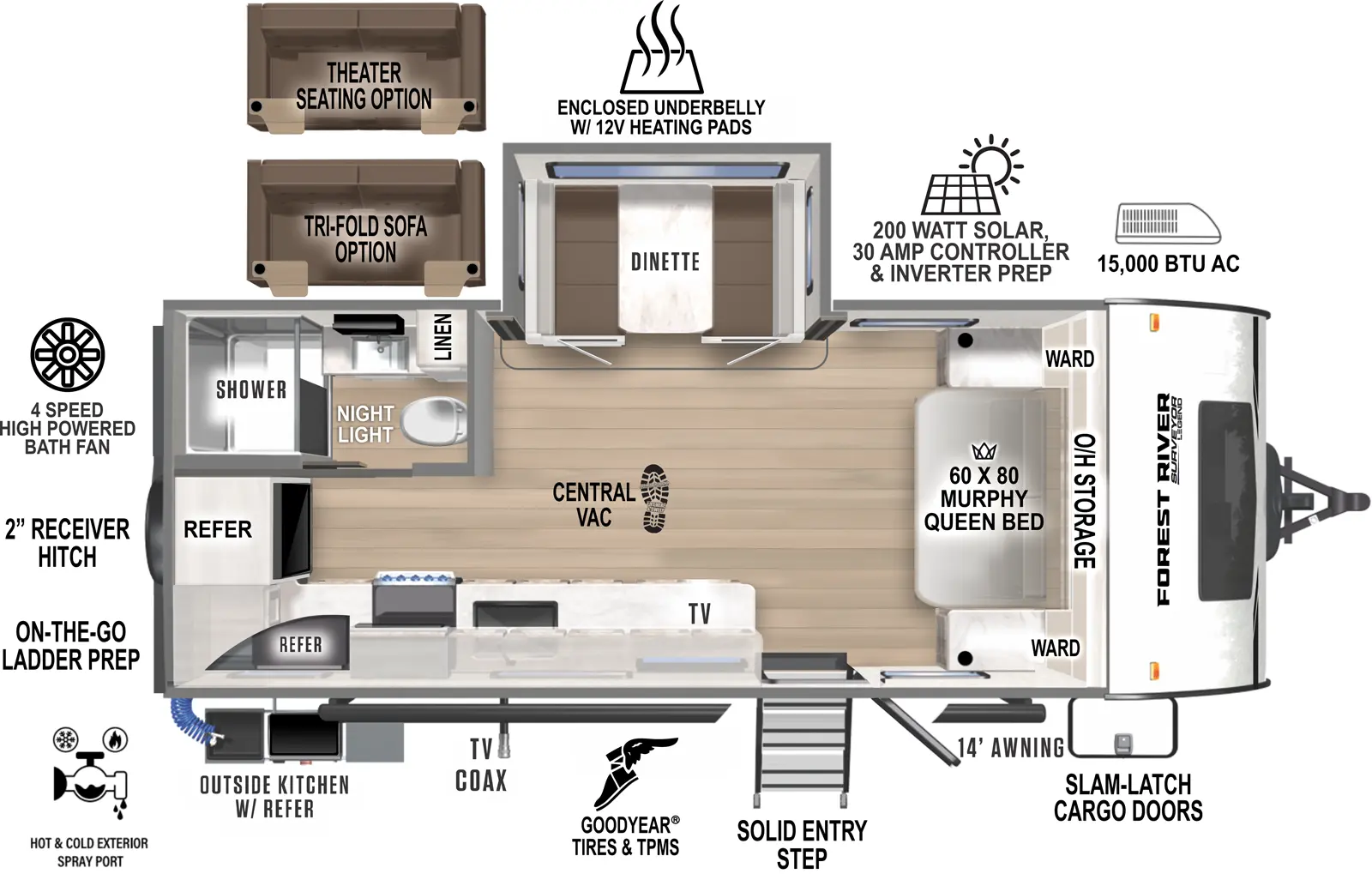 The Surveyor Legend 203RKLE has one entry and one slide out. Exterior features include: fiberglass exterior, 14' awning and outside kitchen. Interiors features include: murphy bed.